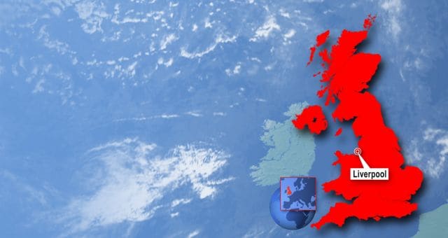 Image of blue sky with British Isles outline and Liverpool marked on the red map.