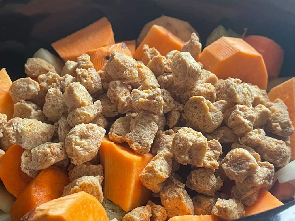 soy chunks and carrot chunks in slow cooker