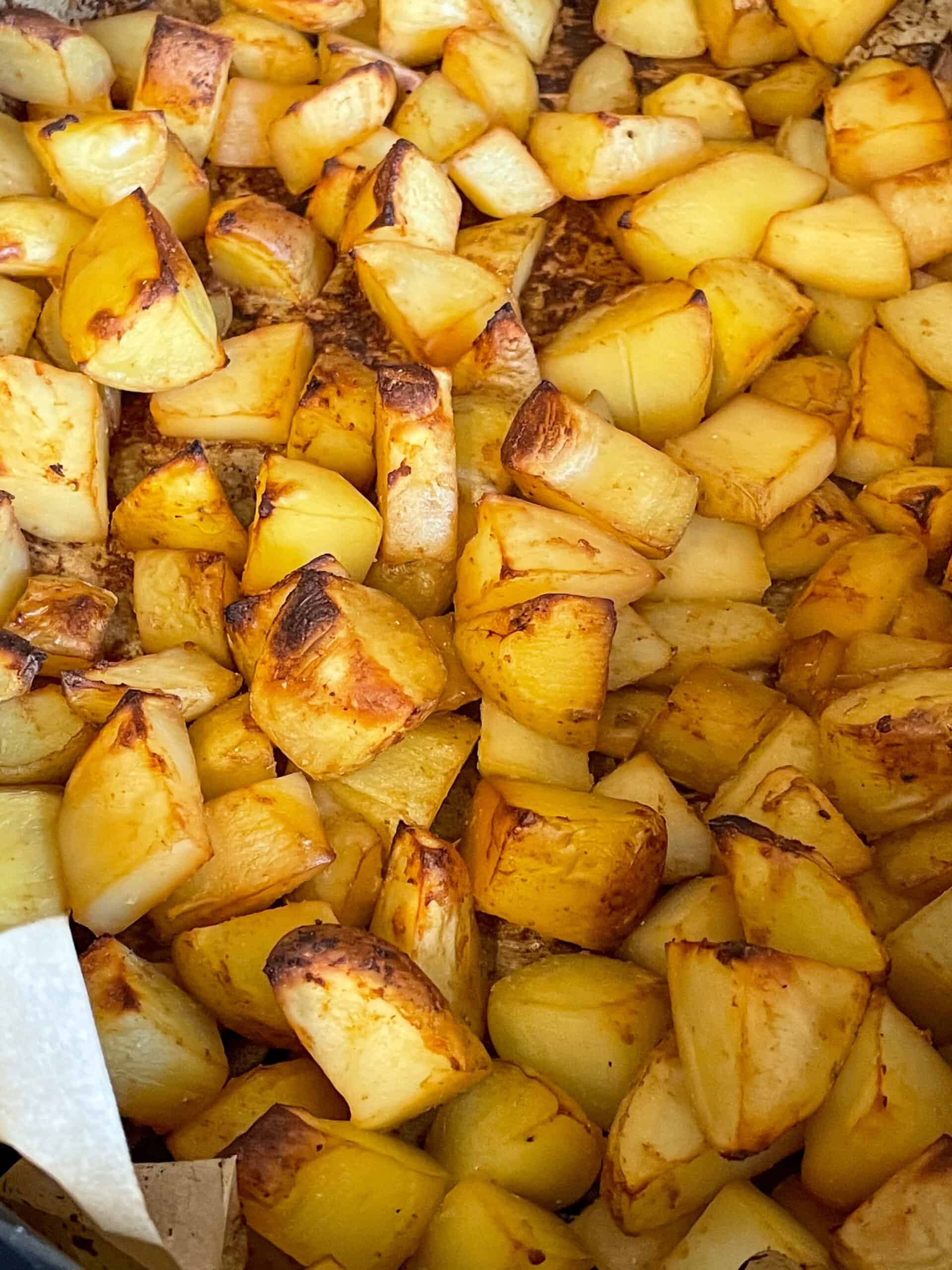 A tray of roasted potatoes for vegan hash