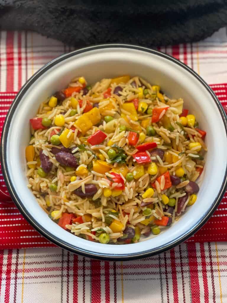 bowl of vegan rice-a-roni with red check tea towel background, featured image.