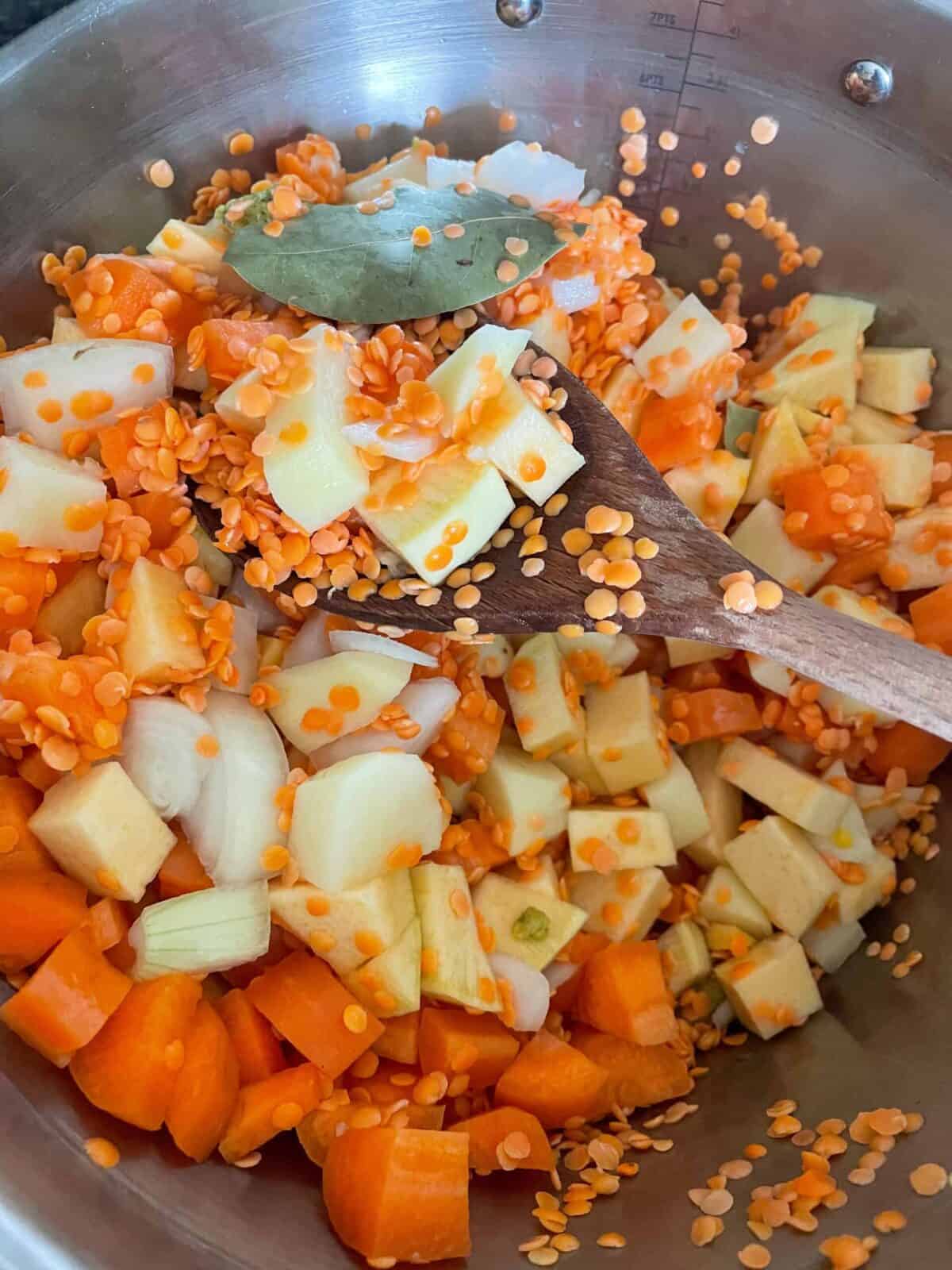 Ingredients added to soup pot for soup.