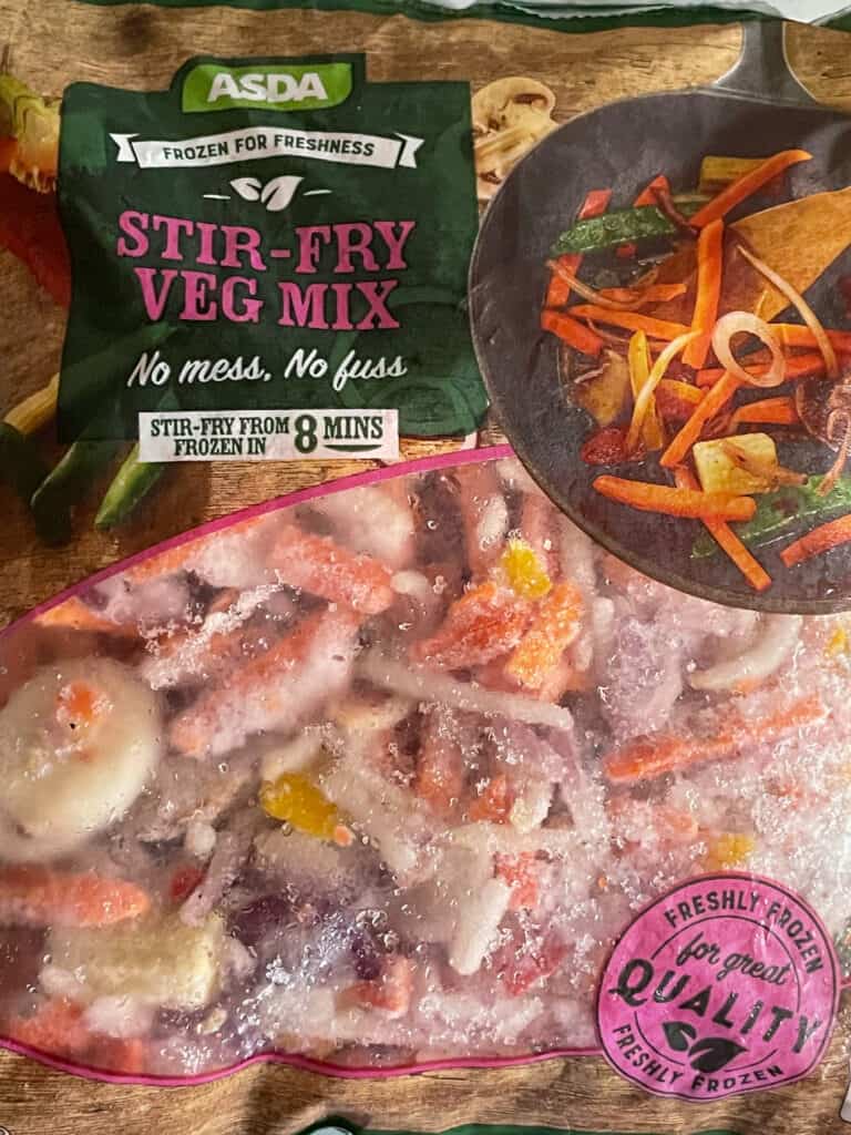 stir-fry vegetable mix, frozen bag.