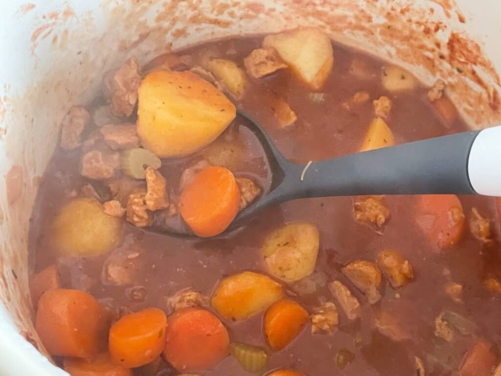 vegan beef stew cooked and ready in the saucepan, ladle in the stew holding a scoop of stew