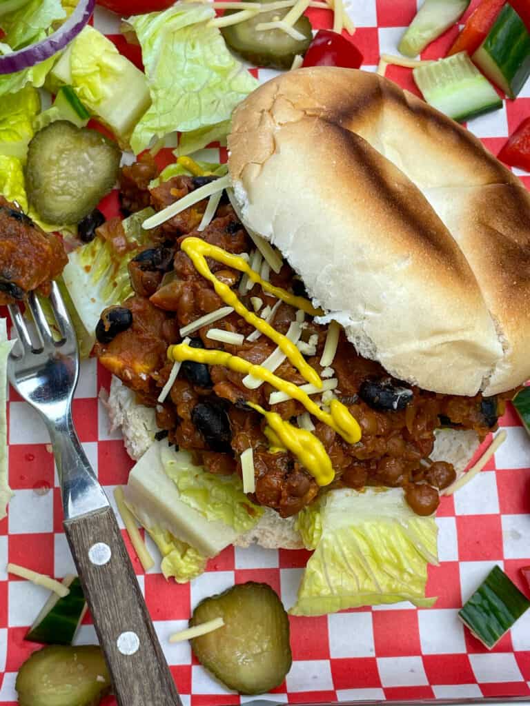 sloppy joe in bread bun, mixed salad, fork to side, red check background.