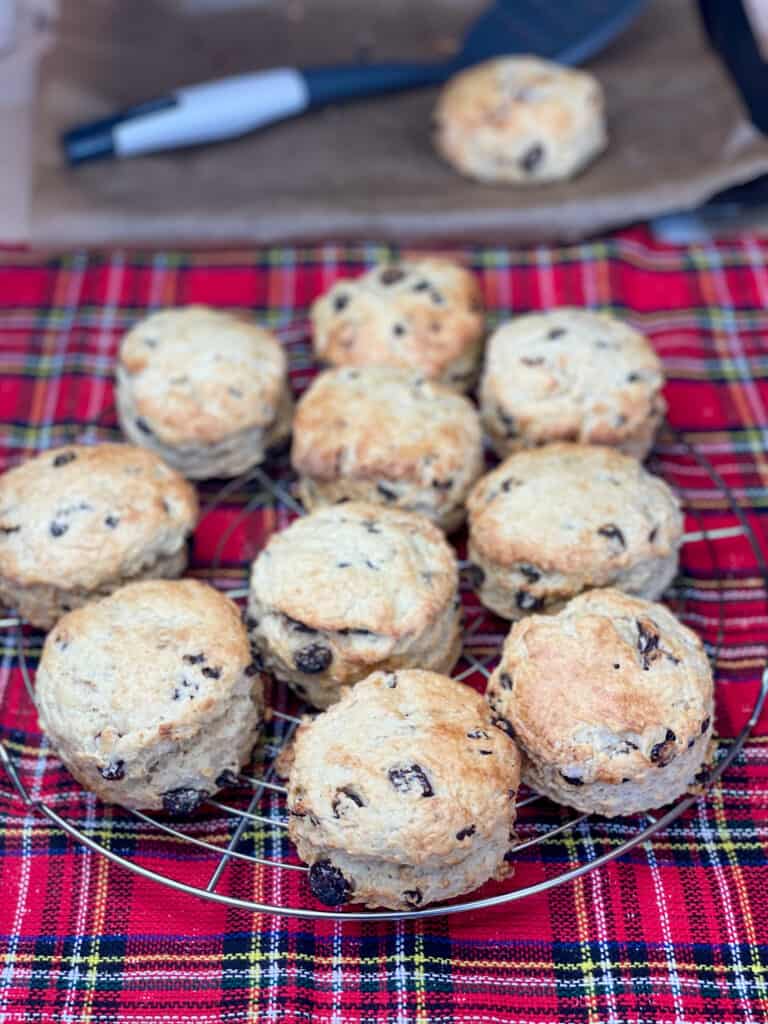 Edinburgh fruit scones on circle cooling rack, with baking tray and one scone and spatula in distance, tartan background.