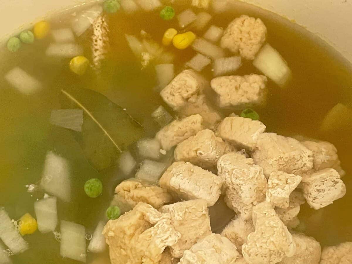 Vegan pieces, sweetcorn, peas and veggie stock added to soup.