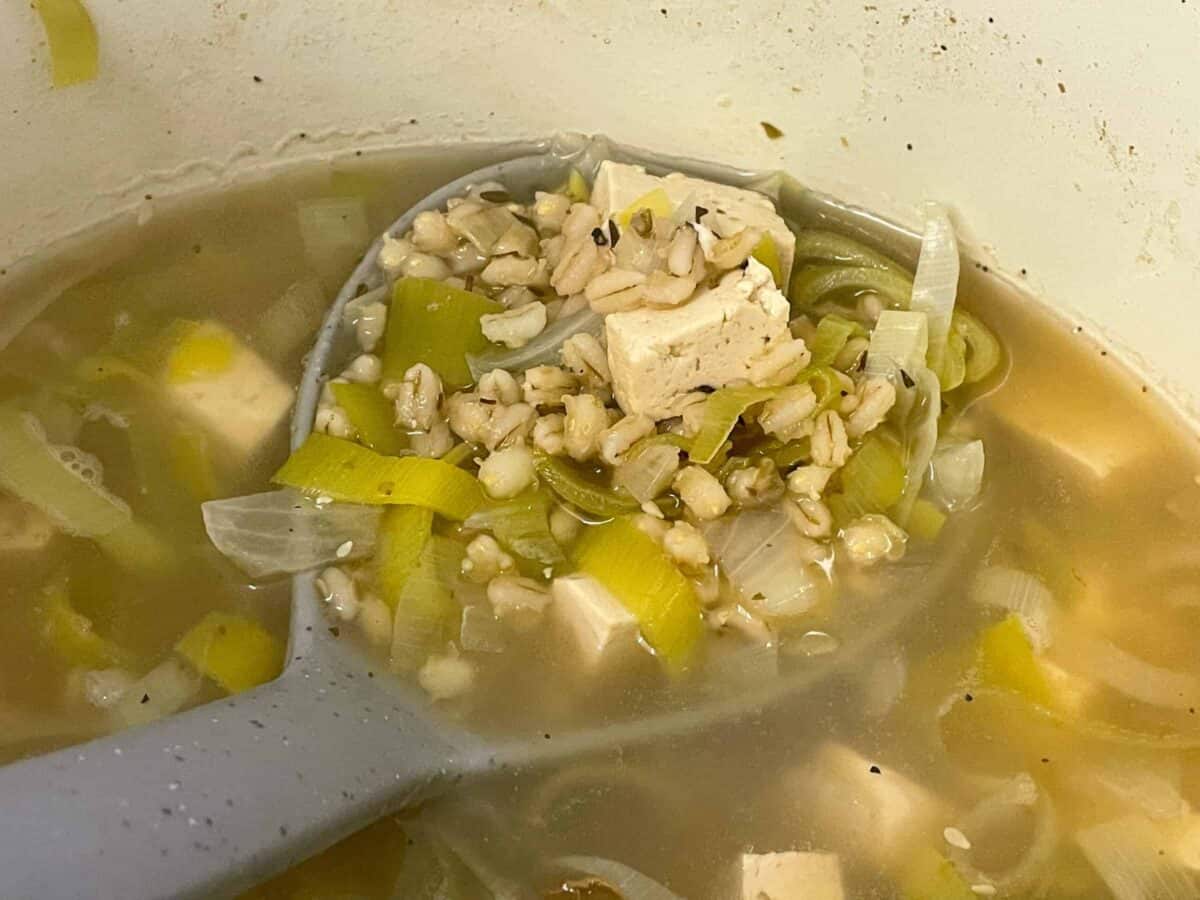 A grey ladle scooping a serving of soup in the soup pan.