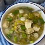 An enamel white bowl with blue rim full of tofu and leek soup, silver spoon in bowl, blue mug to side and blue and white stripe background, featured image.