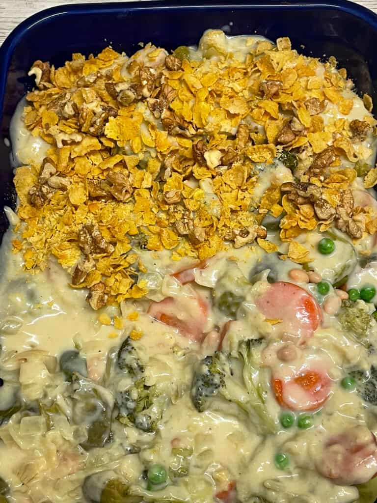 cornflake topping added to veggies and white sauce.