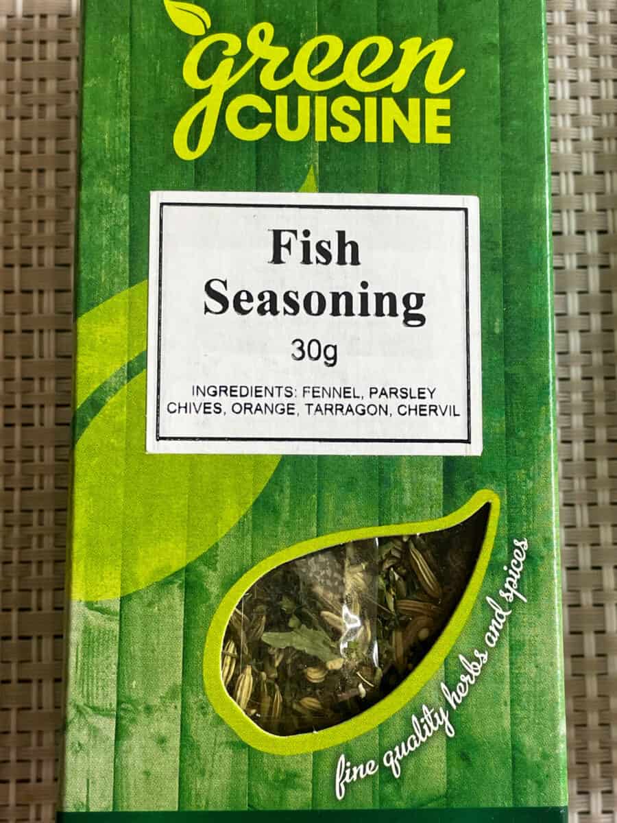 close up of fish seasoning herb and spices packet.
