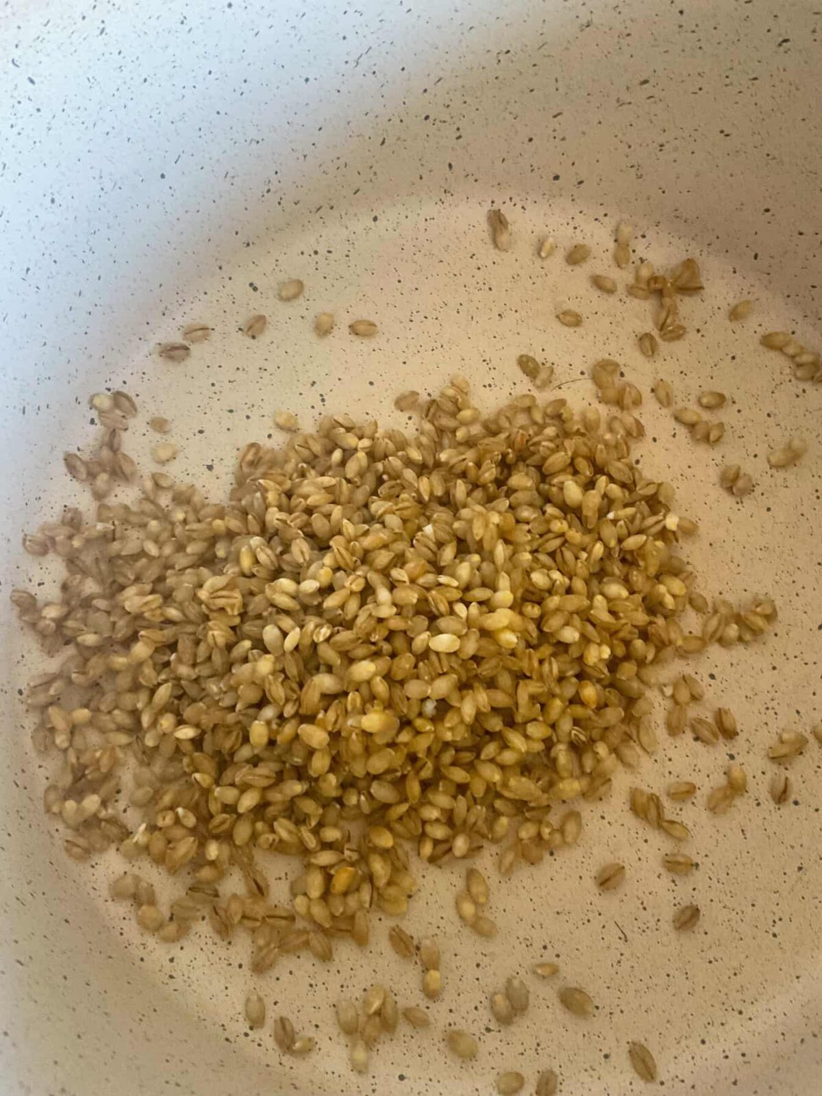 Barley added to stew pan for vegetable stew.