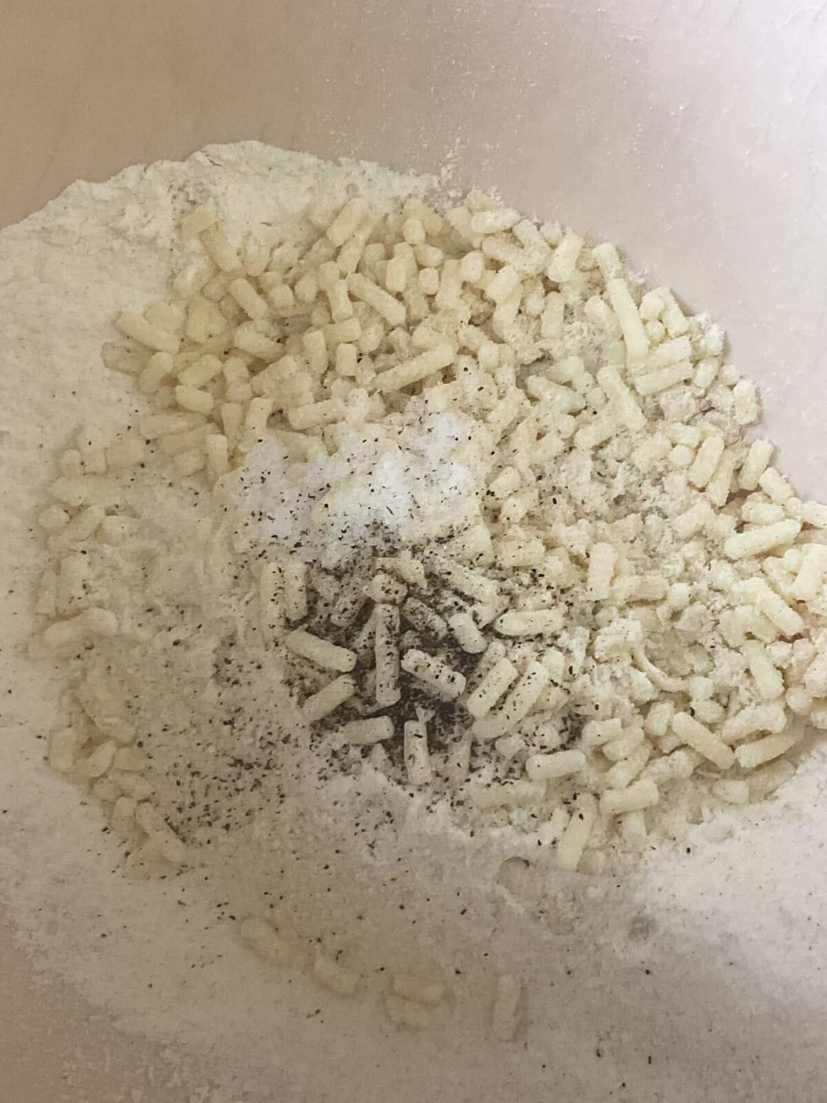 Dry ingredients in mixing bowl for dumplings.