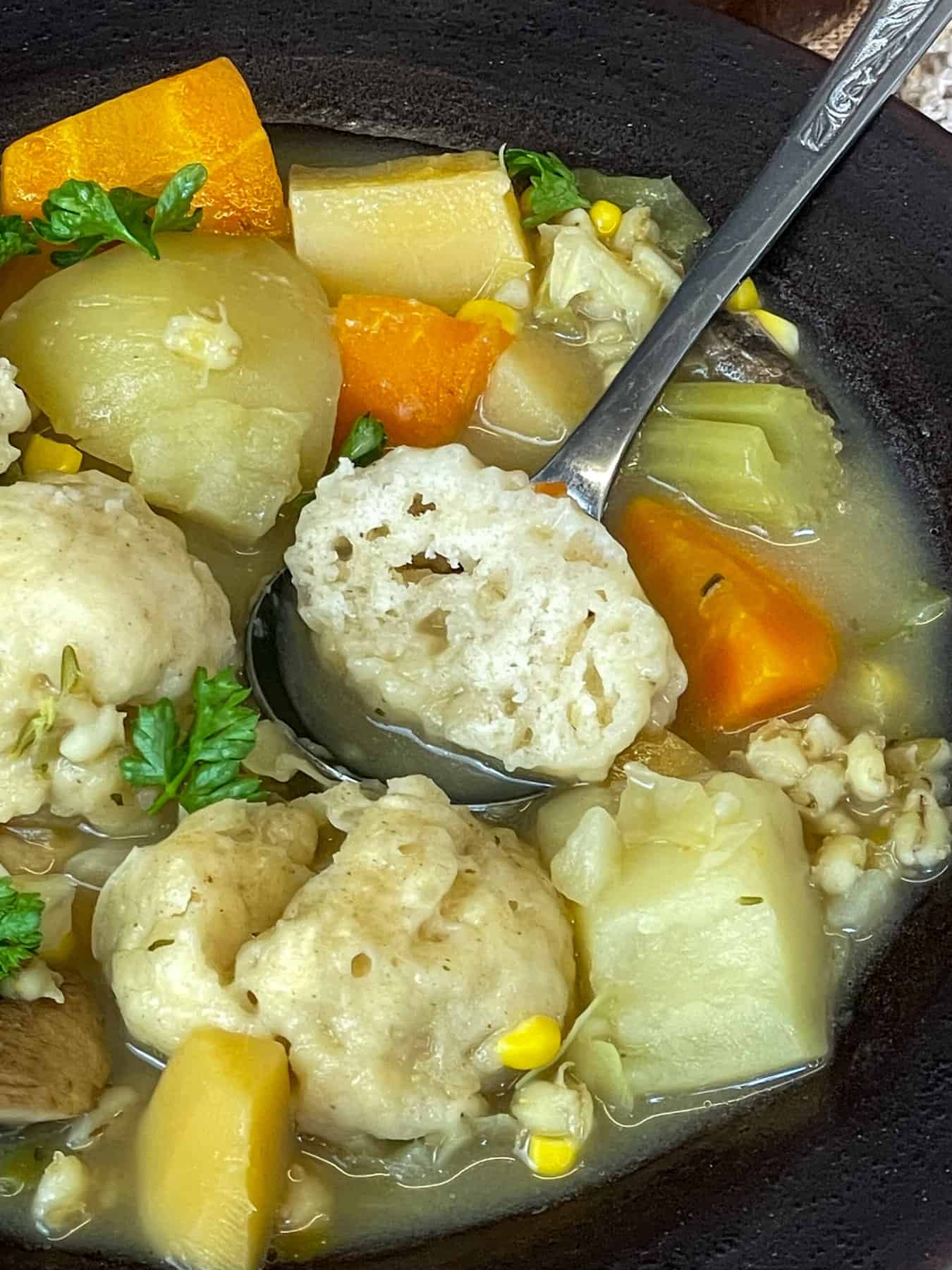 Vegetable stew and dumplings in a brown bowl, garnished with parsley.