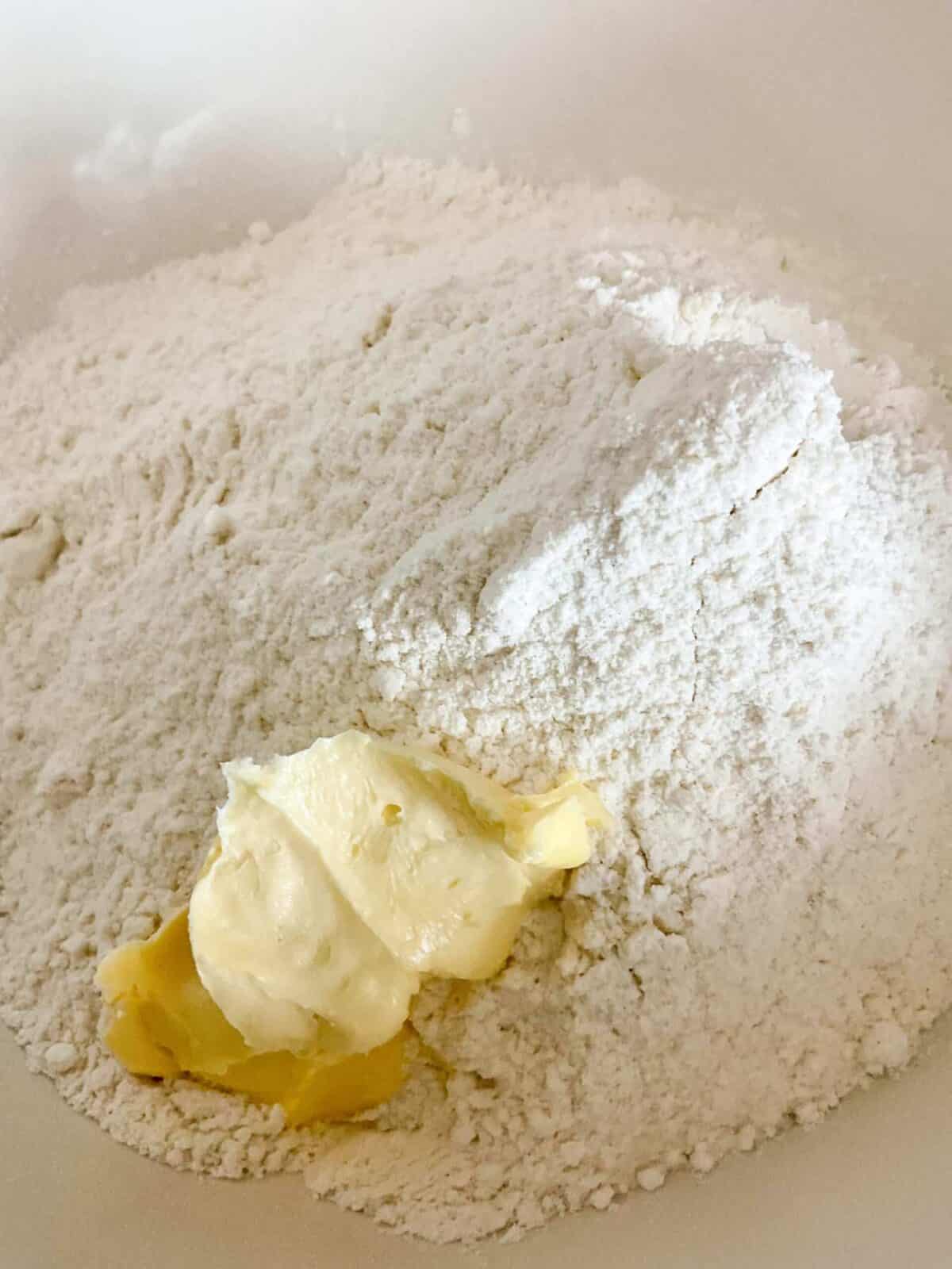 Flour and butter added to mixing bowl.