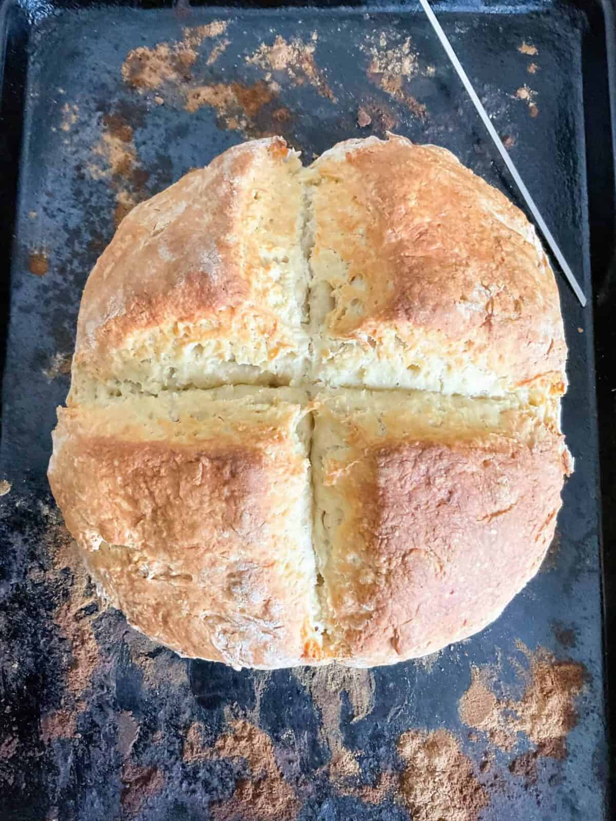 Damper bread baked golden brown with skewer to side of baking tray.