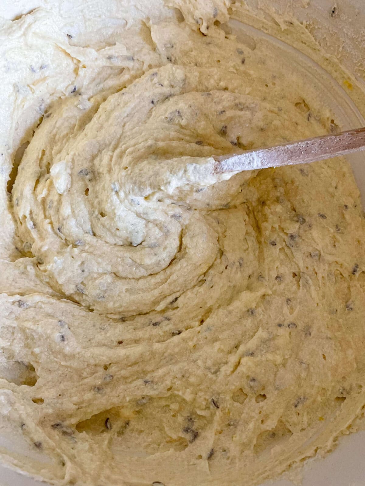 Seed cake mixture stirred together in bowl with mixing spoon.