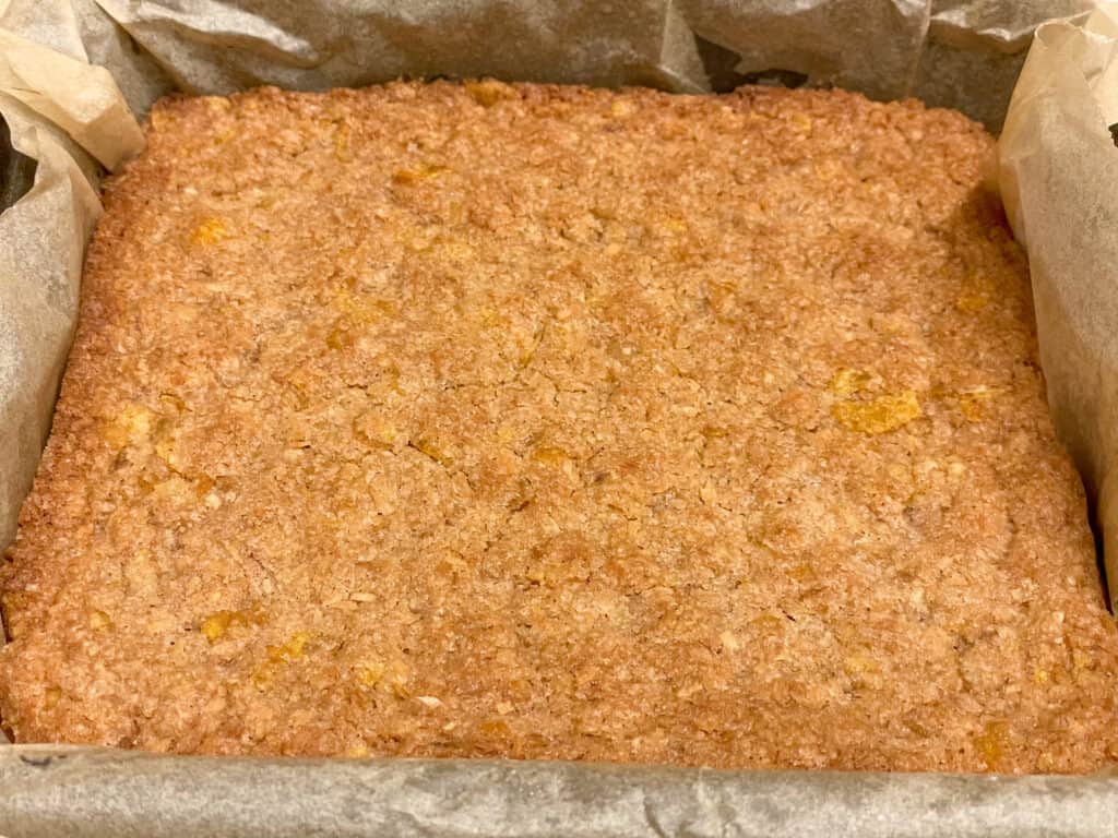 cornflake crunch traybake cooked and golden.