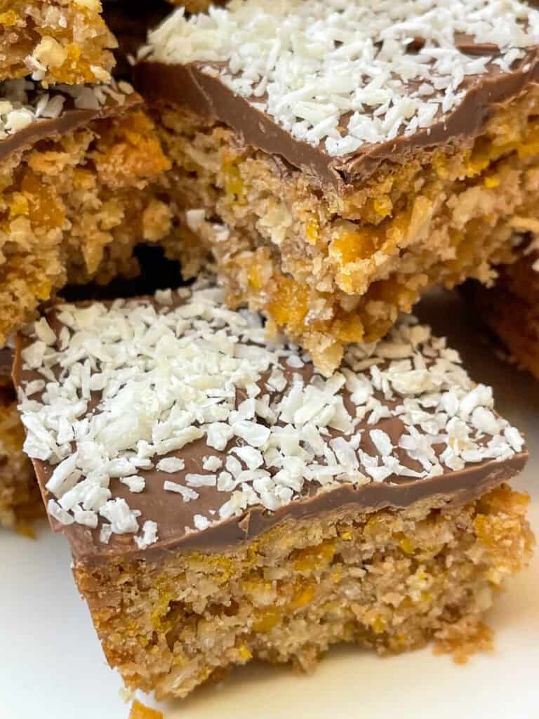 super close up of three slices of cornflake traybake/