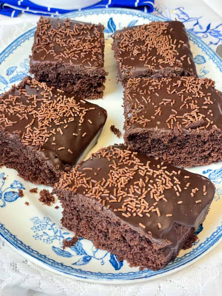 5 slices of chocolate sponge on blue rimmed flower oval white plate with blue flower table cloth background.