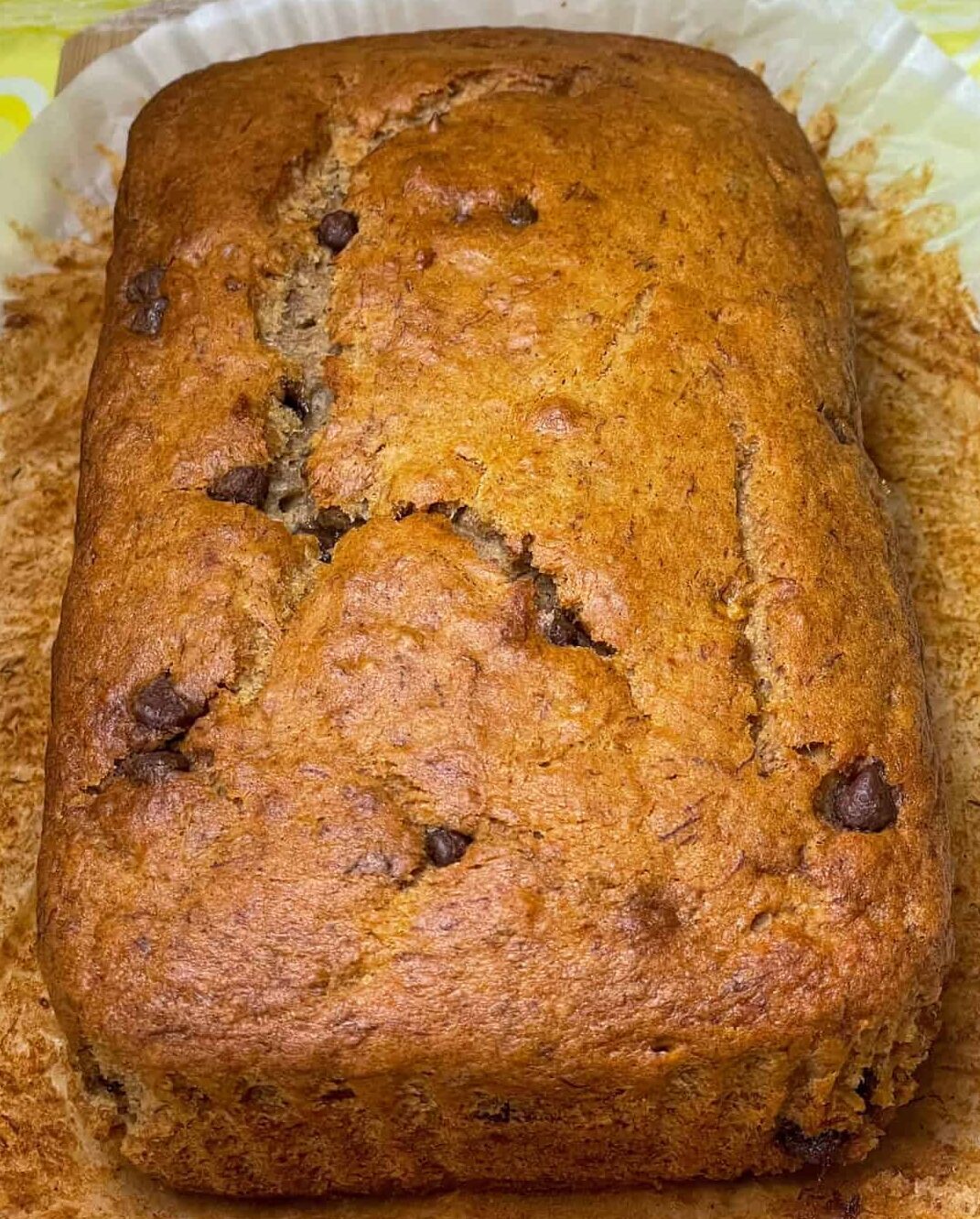 Vegan chocolate chip banana bread close up with baking paper removed and at the sides.