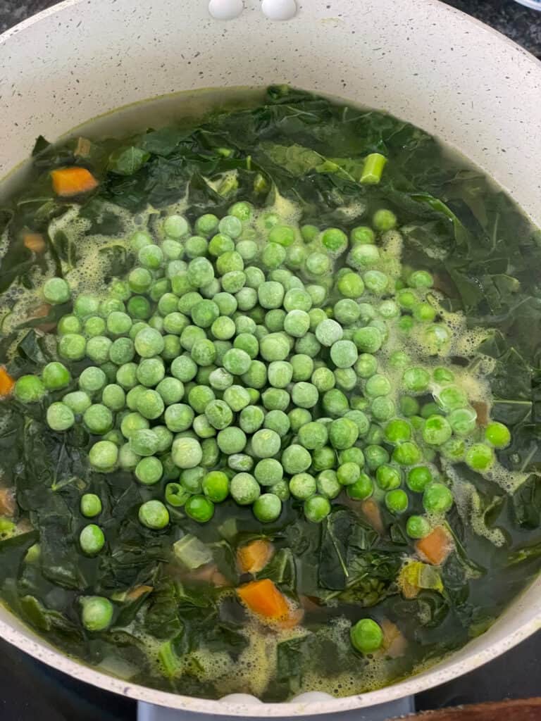 Frozen peas added to the spring greens soup.