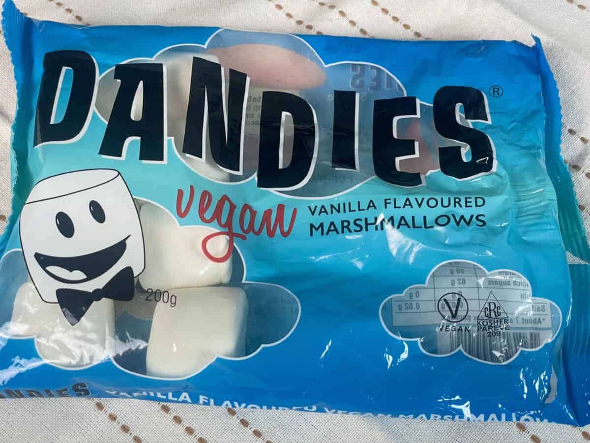 a packet of vegan marshmallows the Dandies brand.