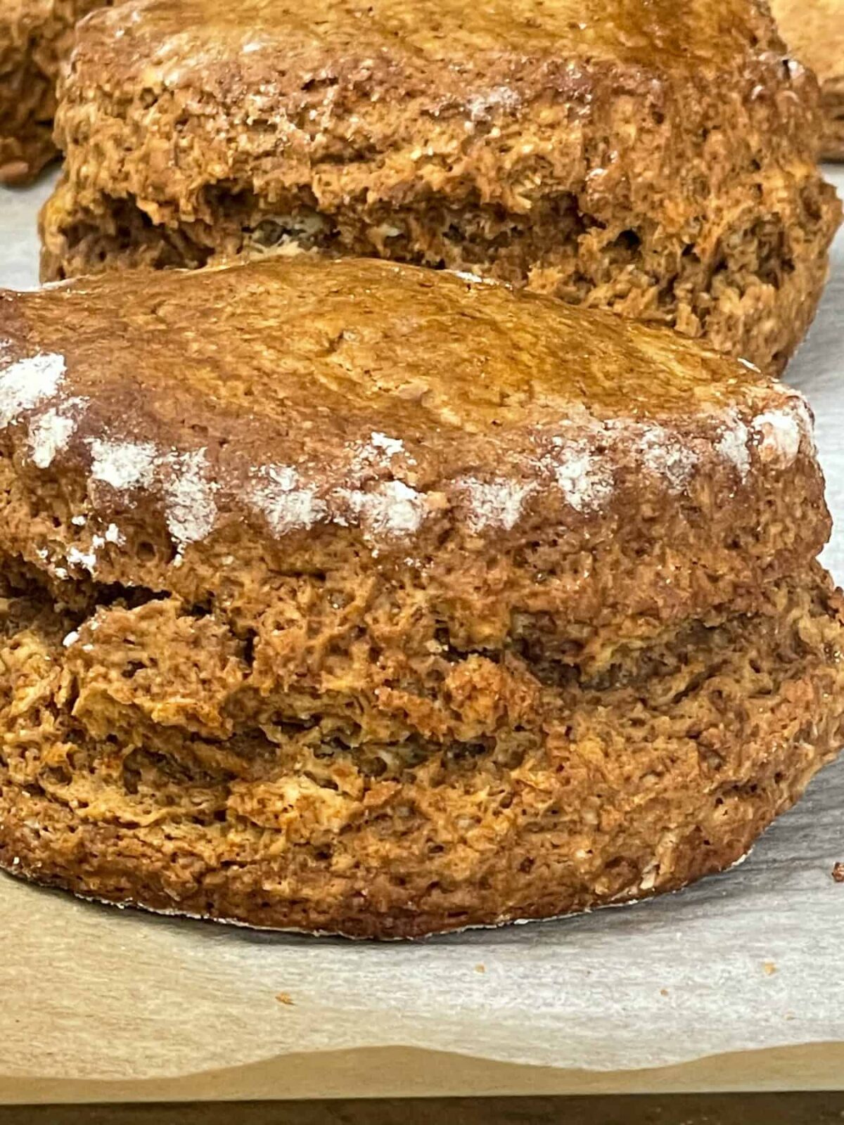 Close up of two treacle scones on on baking tray.