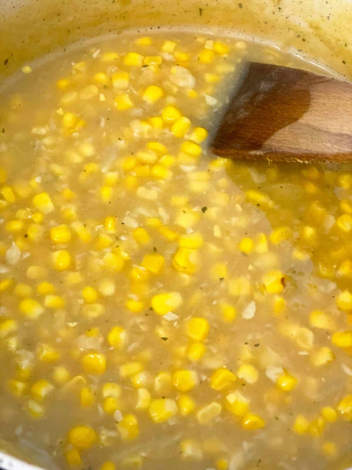 Creamed corn soup cooked and ready to be blended.