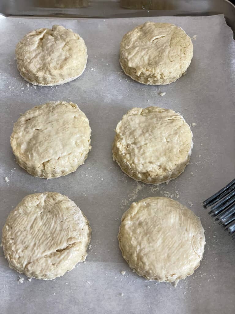 Six scone rounds on baking tray with a glimpse of a pastry brush to side.