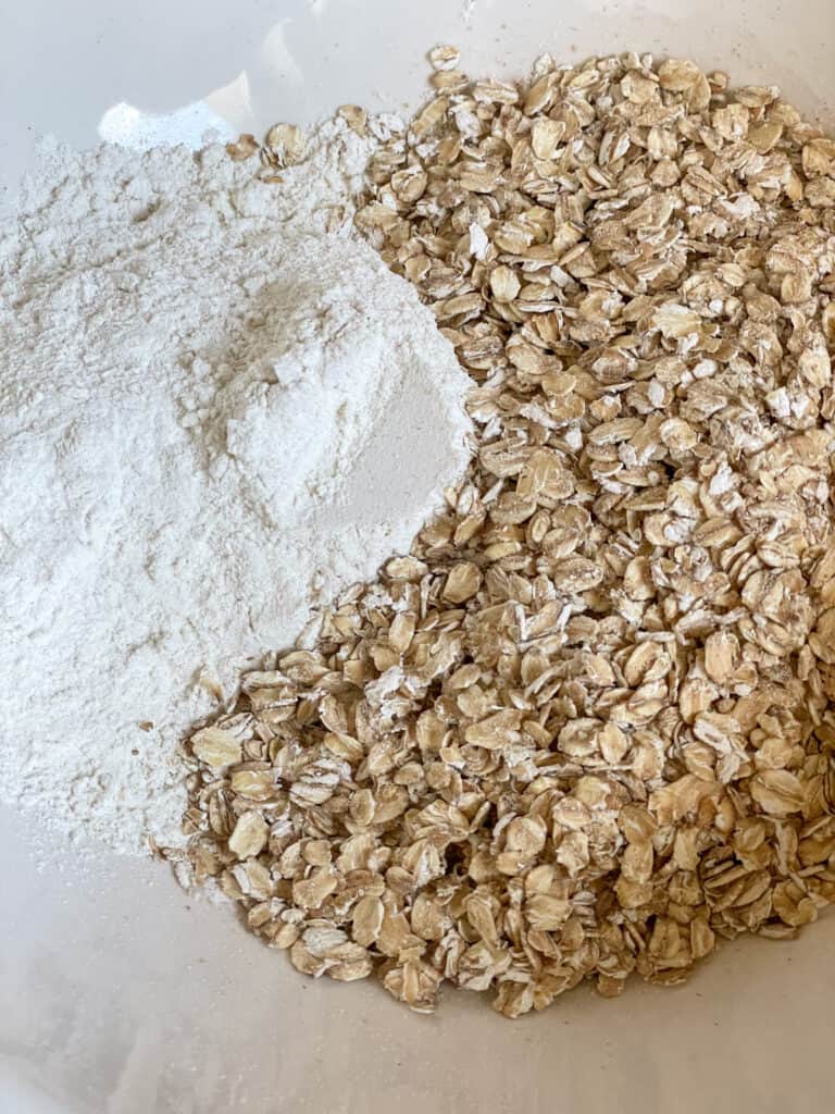 Fllour and rolled oats in mixing bowl.