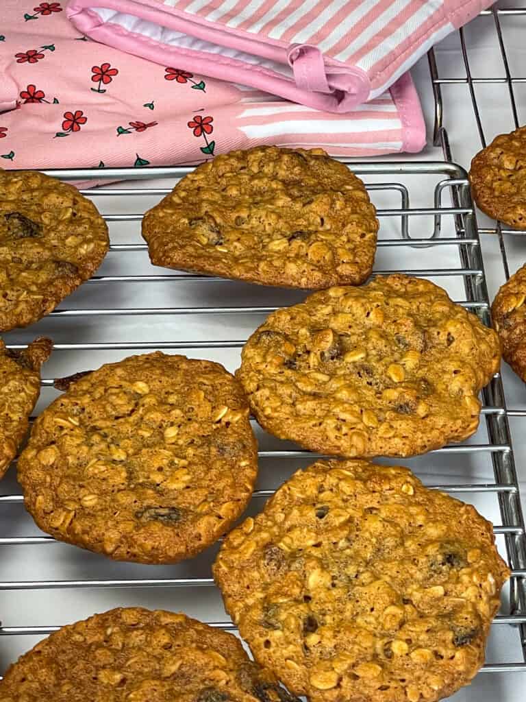 a wire rack filled with oatmeal raisin cookies cooling with pink oven mitts to background.