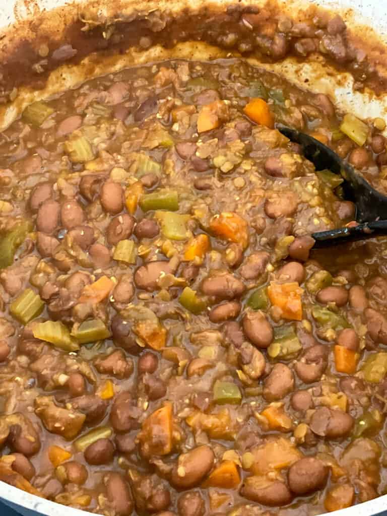 red beans stew ready to serve with black ladle.