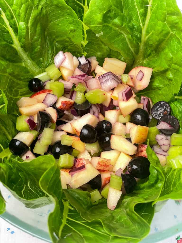 diced veggies and fruits added to bottom of salad lined bowl.