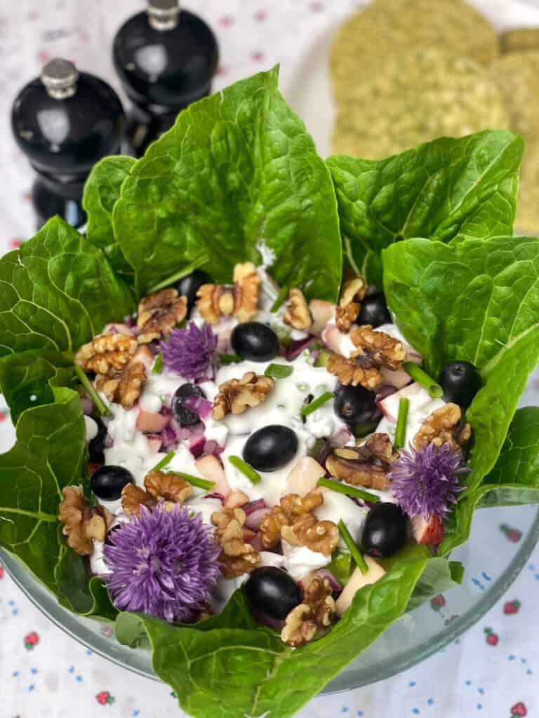 Waldorf salad garnished with chive flowers, chopped grapes, walnuts and chives, veggie crackers to side, and salt and pepper shaker to side.