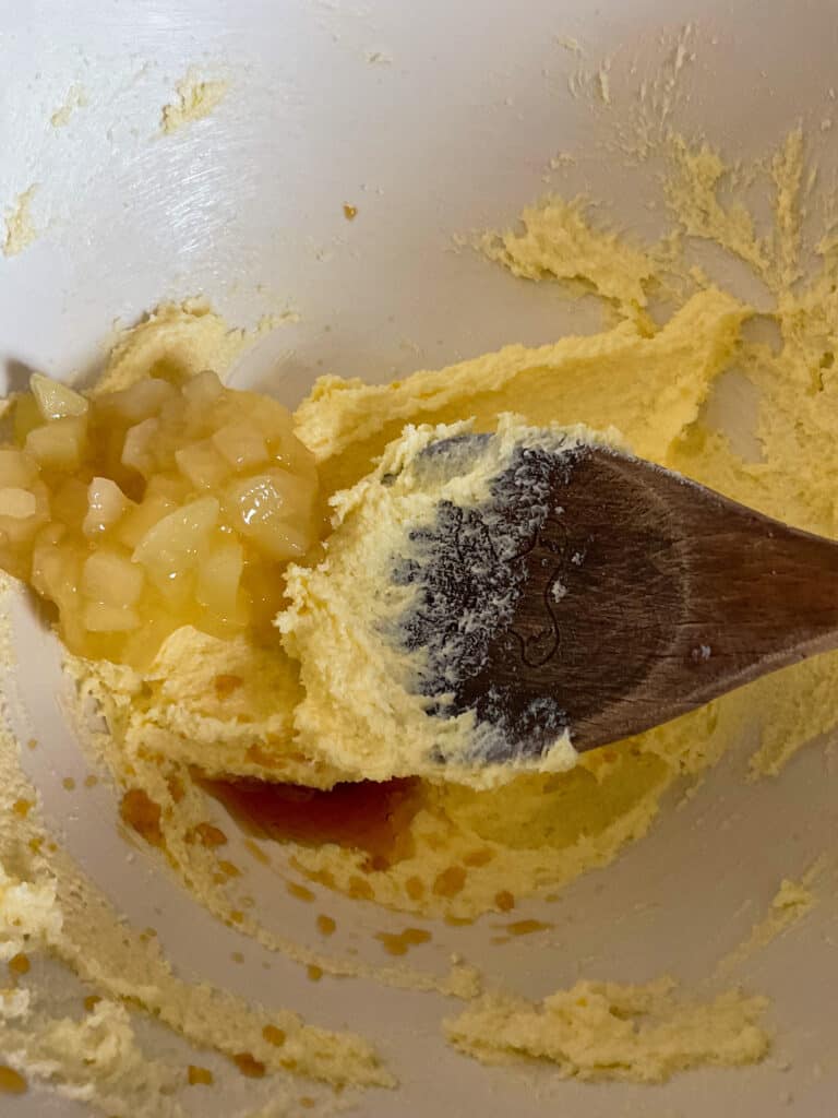 apple sauce and vanilla added to the creamed margarine and sugar in the mixing bowl.