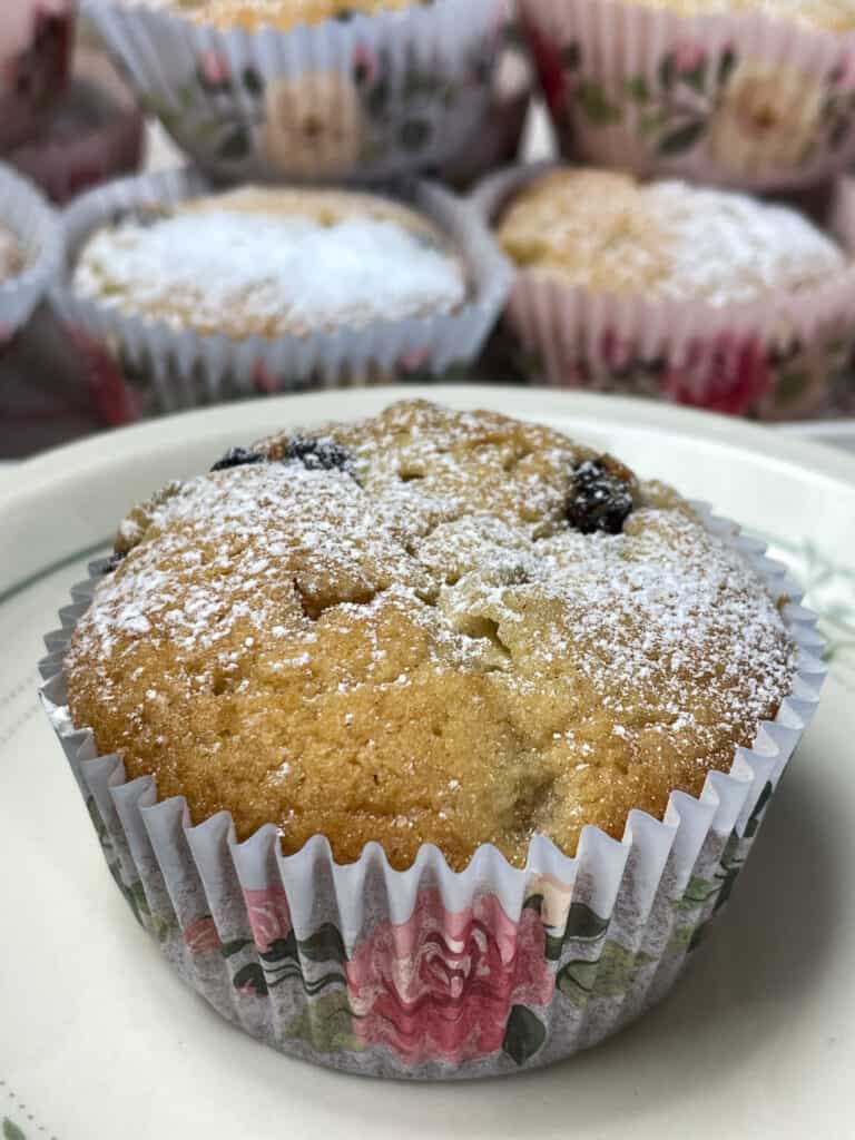 Granny cakes dusted with powdered icing sugar and sitting on small plate with pile of cakes in background.