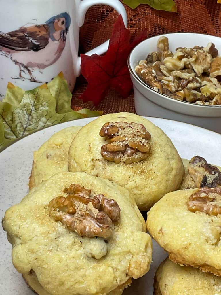 close up of old-fashioned walnut cookies on plate with cup to side with bird image and small dish of walnuts, red coloured leaf decor.