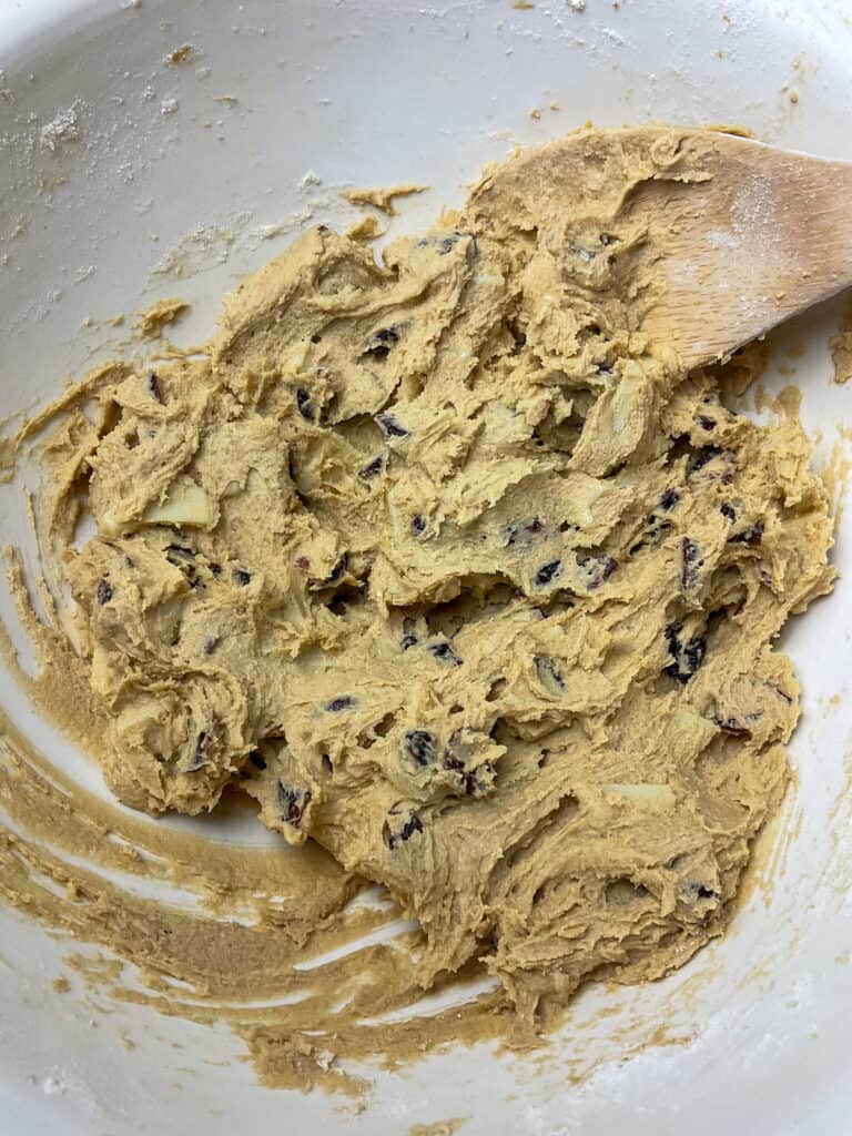 Cookie dough ready to scoop into balls for baking tray.