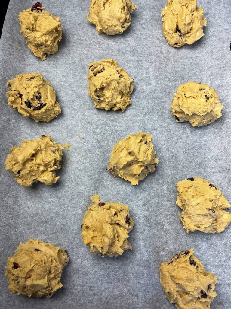 unbaked cookie dough on baking sheets.