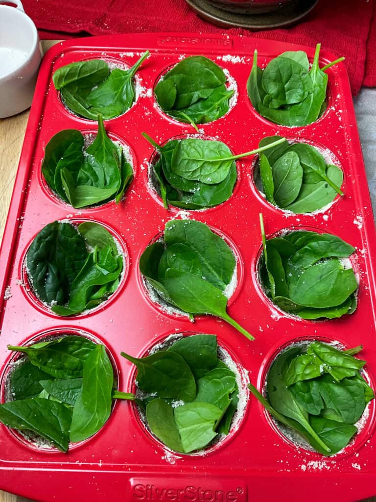 fresh baby spinach leaves lining each muffin cup.