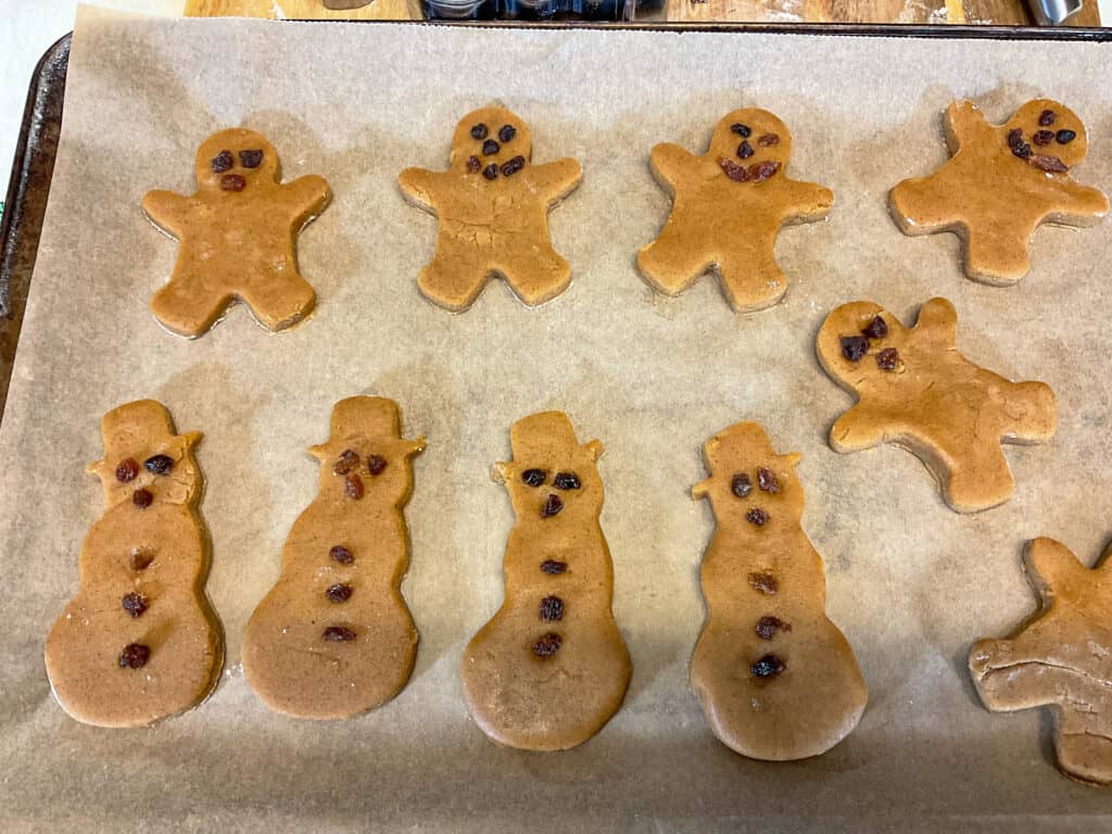 gingerbread men and snowmen on a baking tray decorated with raisins and ready to bake.