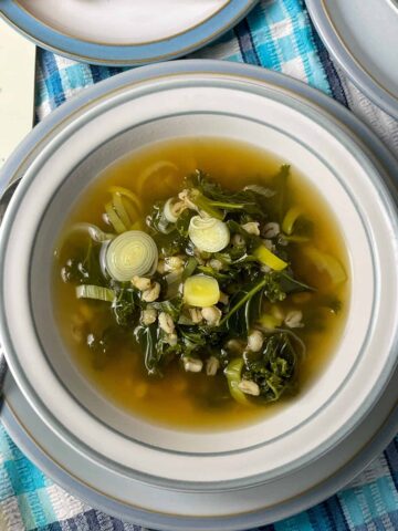 A close up bowl of barley kale broth served in a blue rimmed bowl, and a blue and white checked tablecloth background.