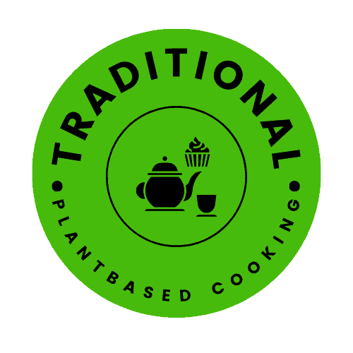 Site logo, a green circle with the words traditional plantbased cooking going around the side and a smaller inner circle with a black teapot, cup and cupcake image.