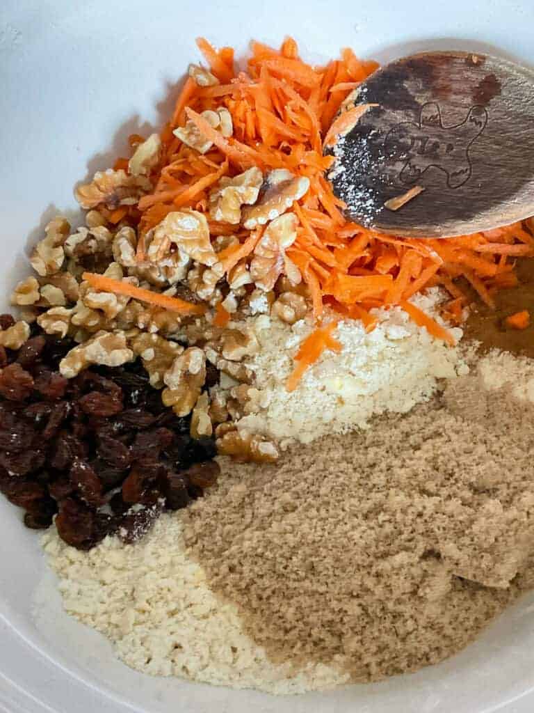 Dry ingredients in bowl for carrot cakes.