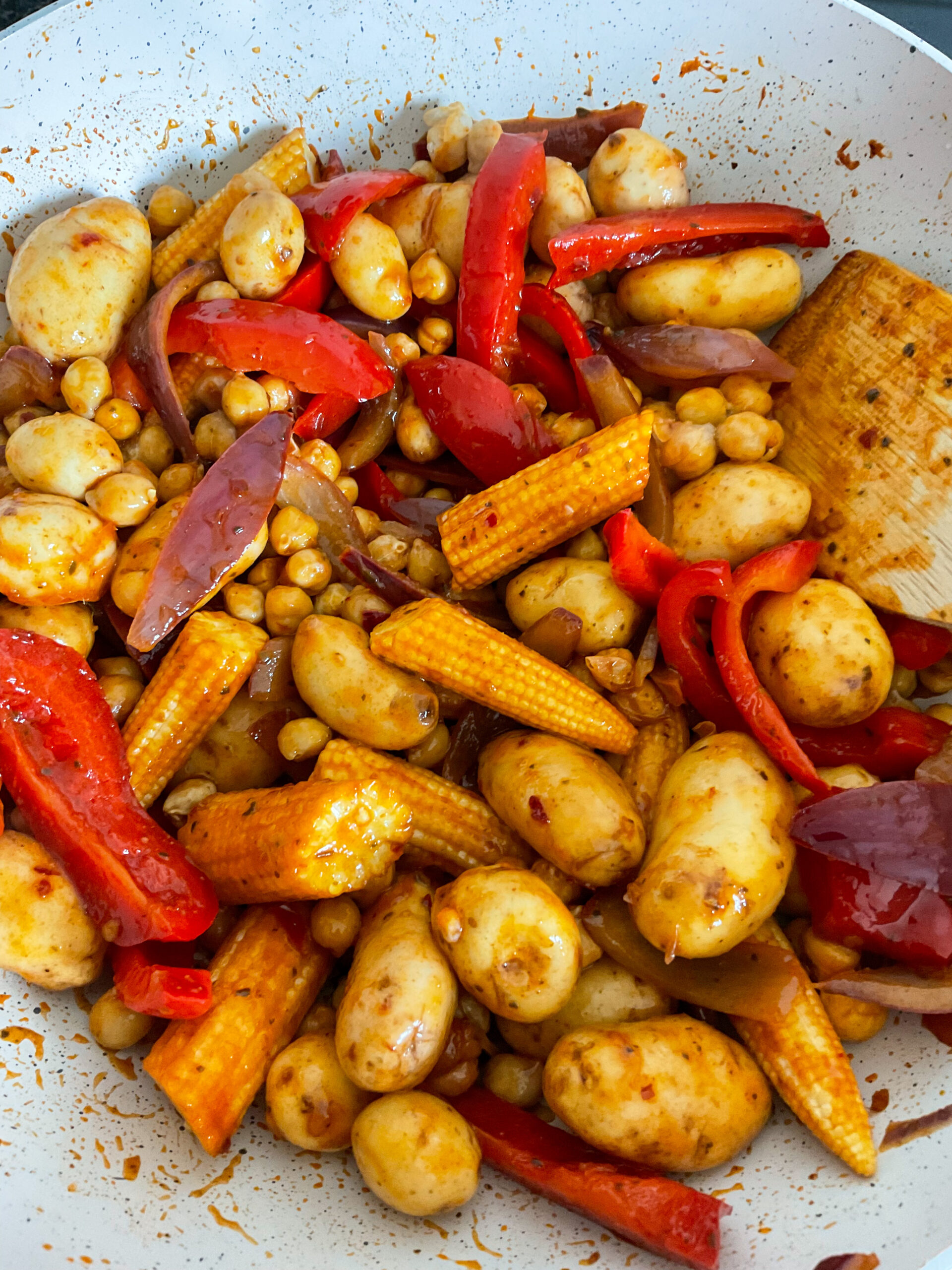 Ingredients mixed in cooking pan.