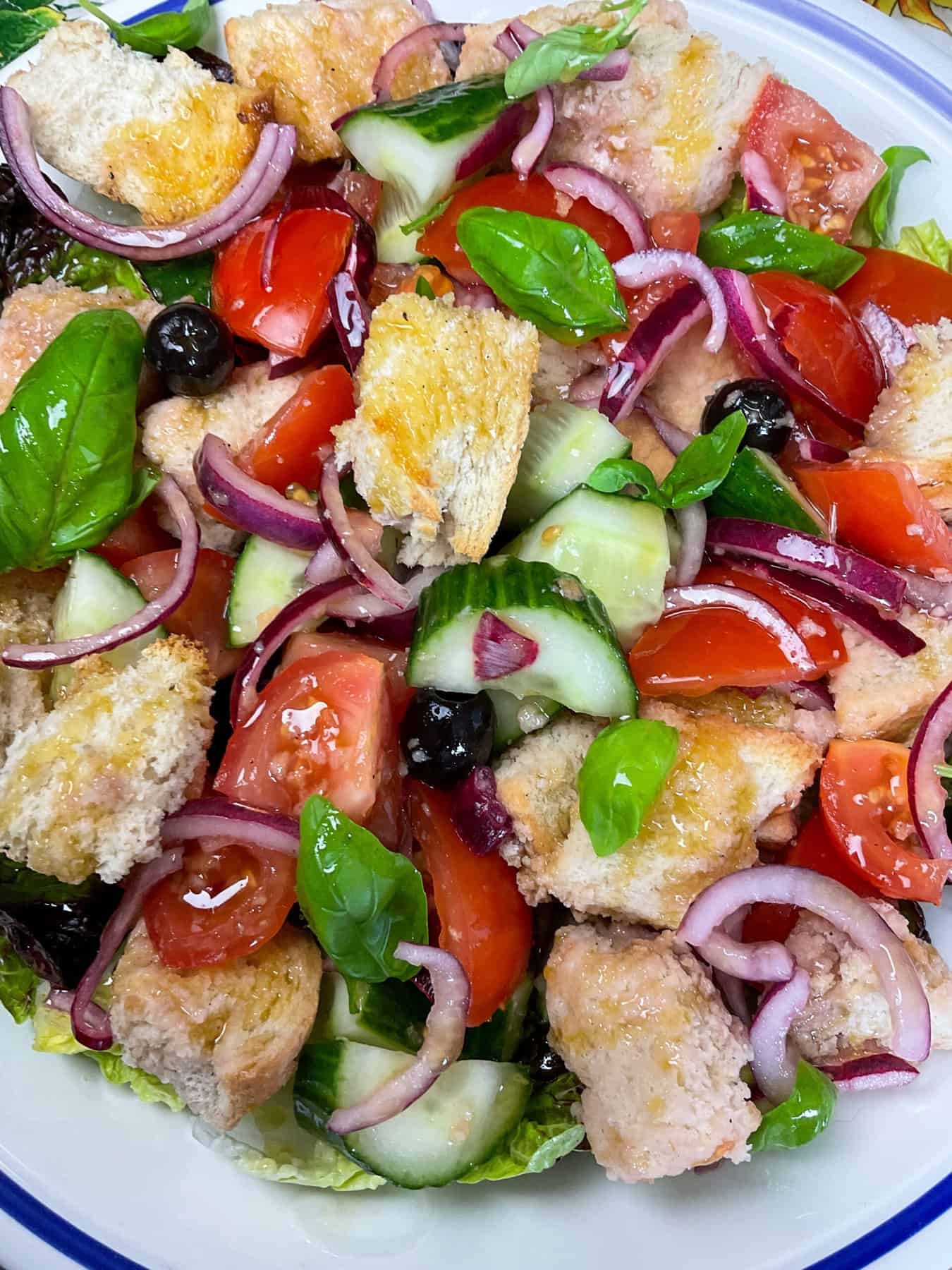 Panzanella salad garnished and ready.