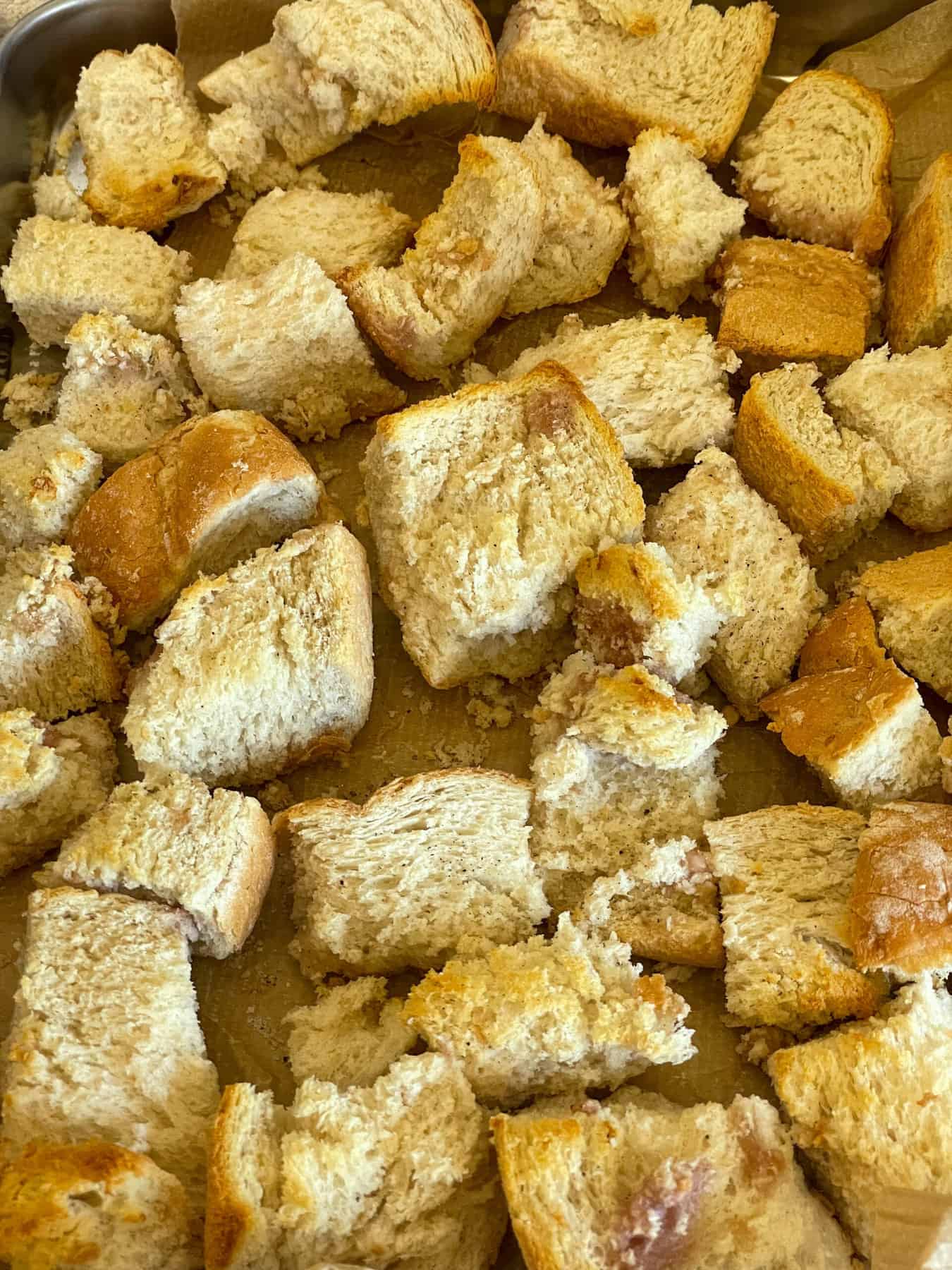 Bread cubes toasted and ready on a baking tray.