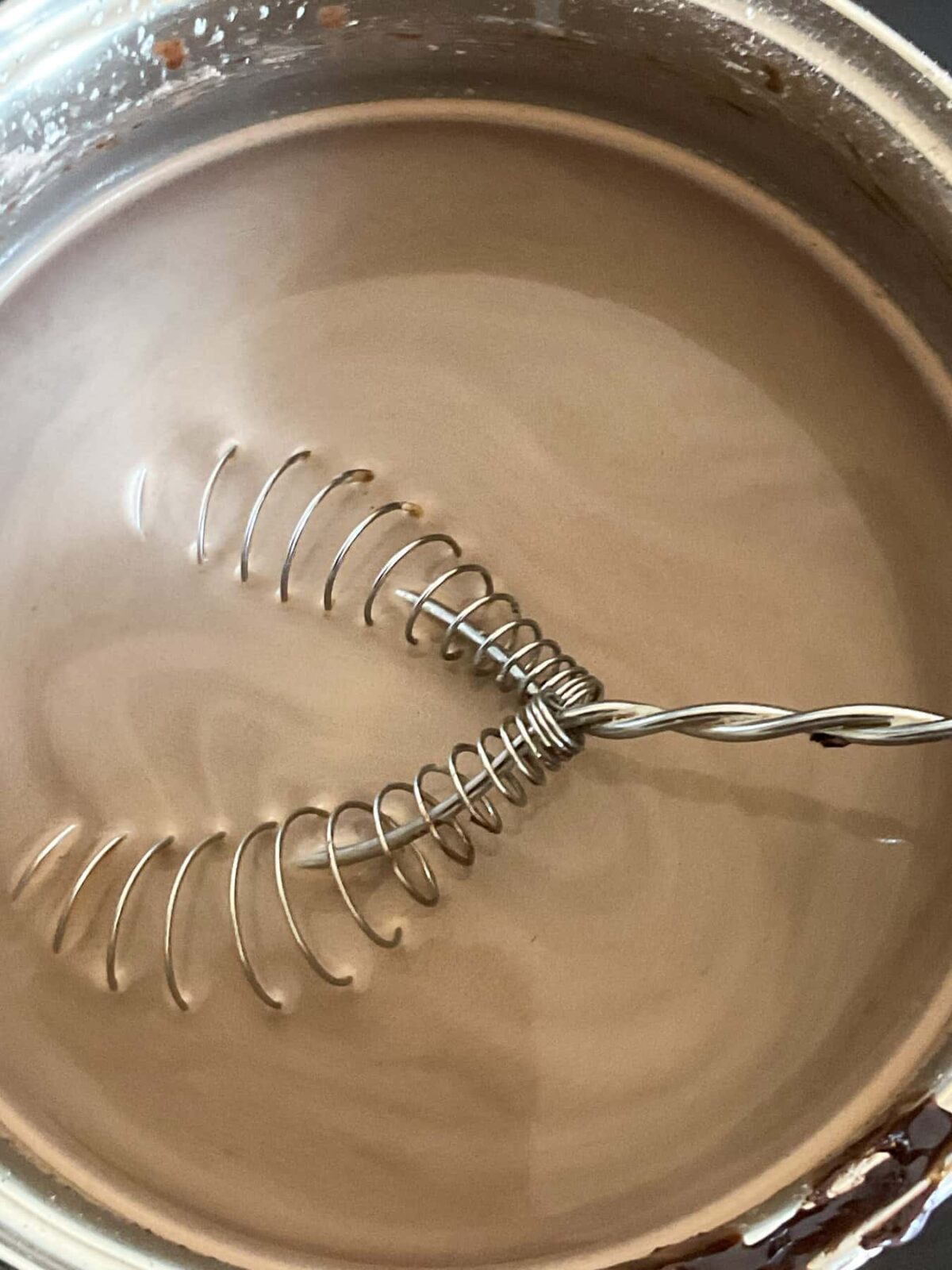 Milk added to dry ingredients in pan and stirred with a balloon whisk.