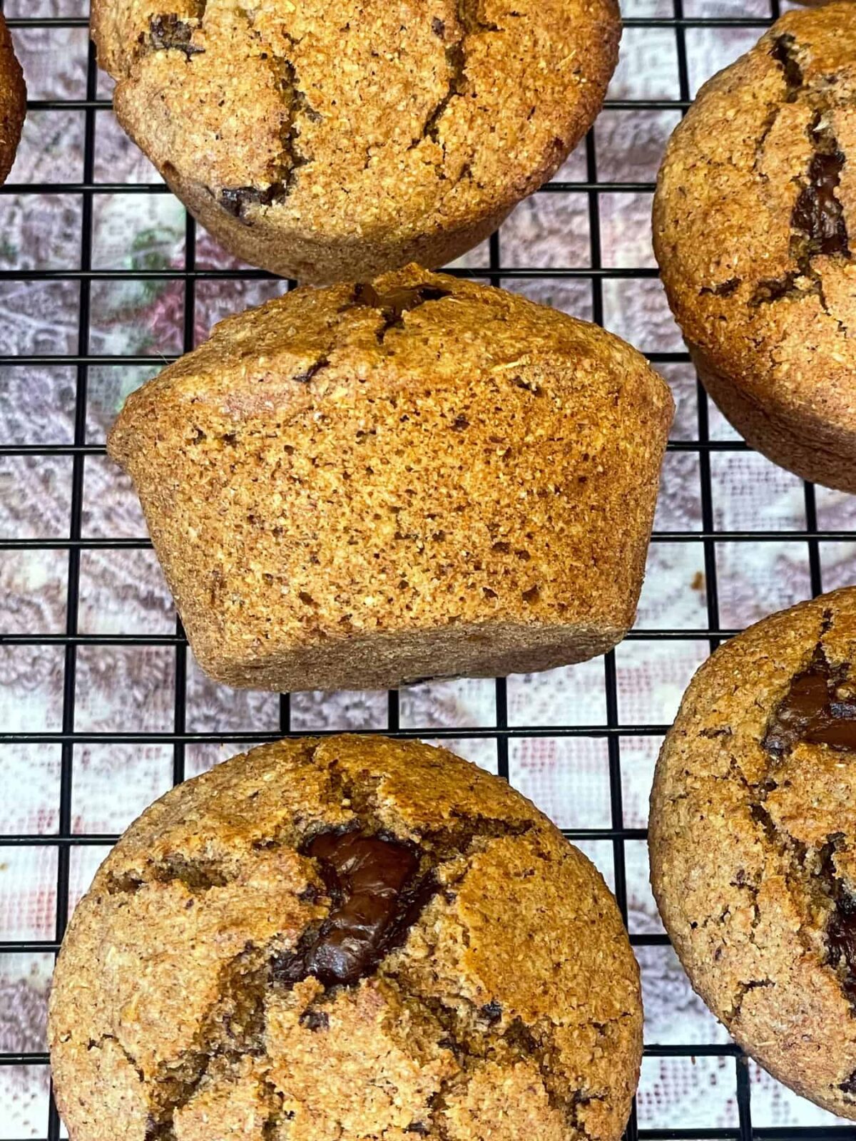 Chocolate bran muffins on wire rack with one on its side.