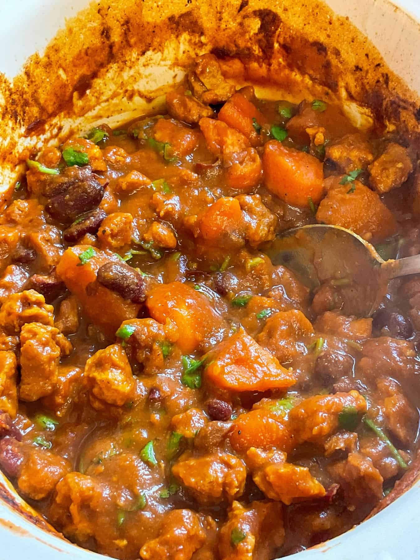 Curry cooked and fresh coriander stirred through.